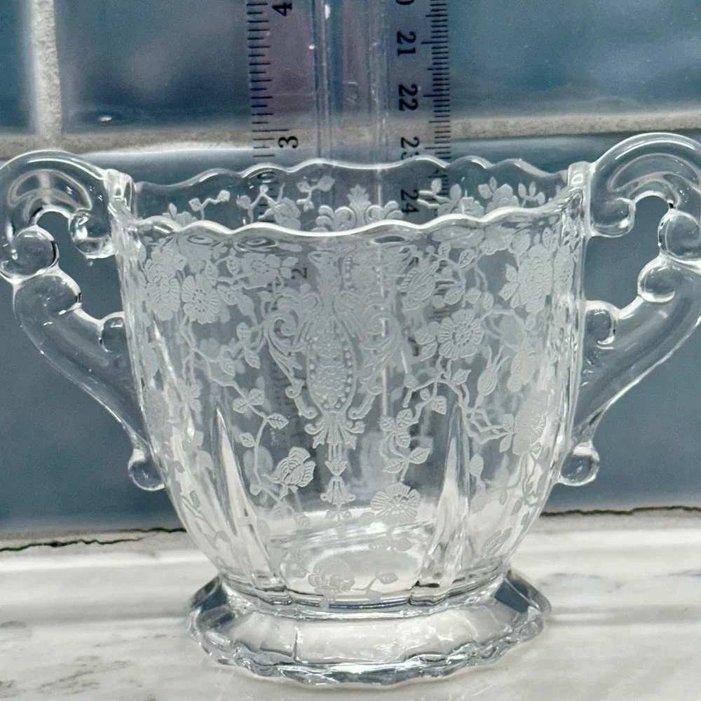 Vintage Cambridge Diane Clear Etched Pressed‎ Glass Sugar Bowl Creamer Set